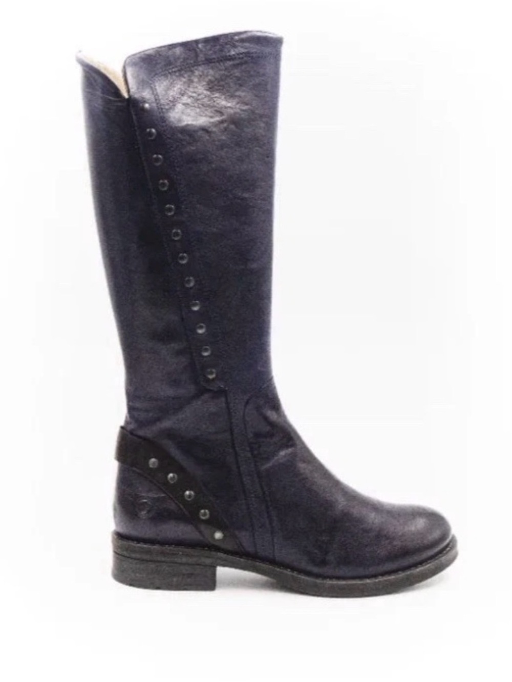 Casta Roma Navy leather knee-high riding boots studded side zip round toe 8.5